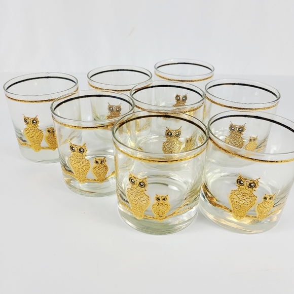 MID CENTURY VINTAGE LOW BALL GLASSES GOLD LEAF WITH OWLS SET OF 8 - Picture 12 of 13